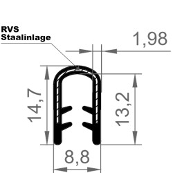 EPDM Kantenabschlussprofil (Klemmprofil) | Schwarz | Breite 8.8mm | Höhe 14,7 mm | Klemmbereich 2,5 - 4,5mm