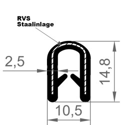 EPDM Kantenabschlussprofil (Klemmprofil) | Schwarz | Breite 10.5mm | Höhe 14,8mm | Klemmbereich 2,5 - 4,5mm